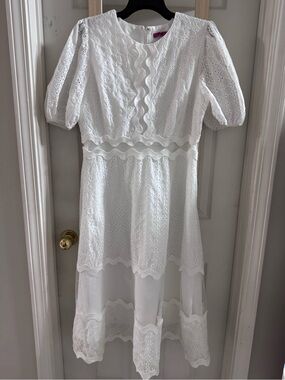 White Eyelet Midi Dress with Scalloped Trim nwot